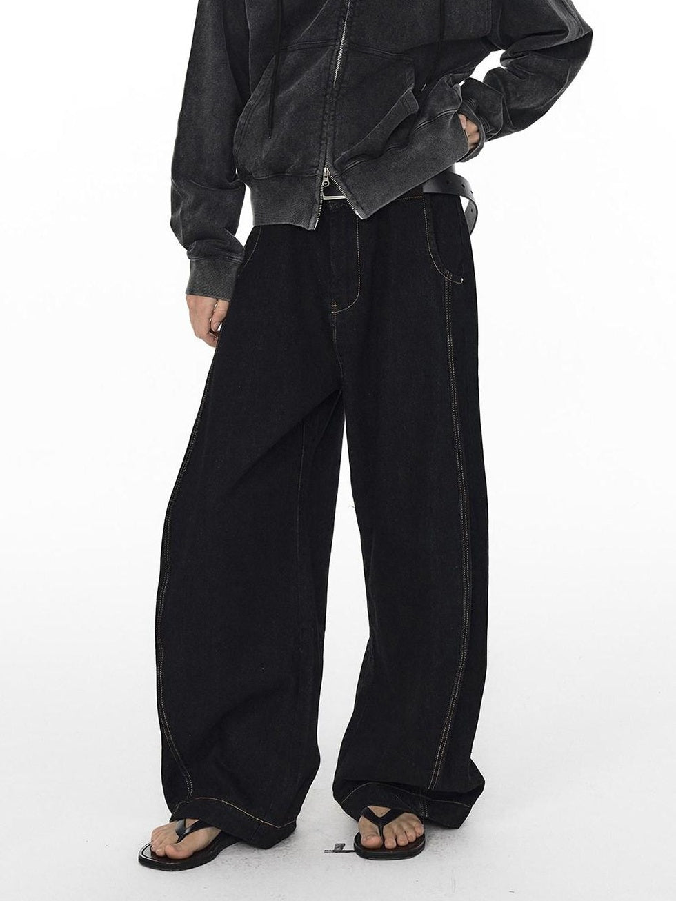 Country Moment Mid Rise Contrast Stitching Loose Fit Unisex Cotton Blend Black Wide Leg Jeans