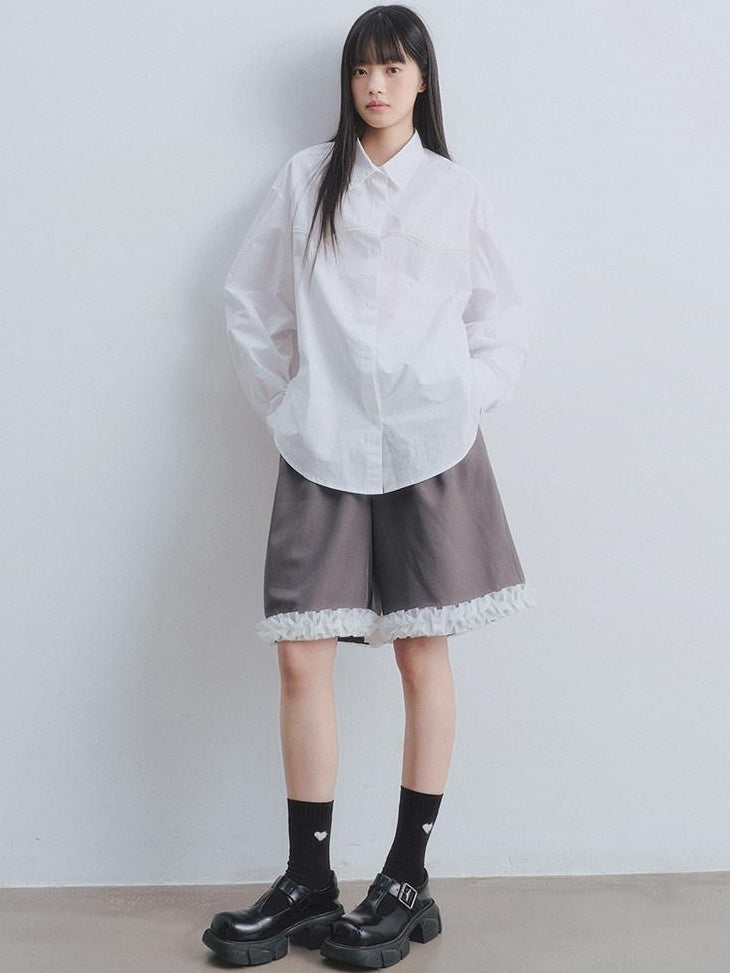 DDGIRL studio High Waist Wide Leg Workwear For Women Grey Polyester Stretch Mid-Length Shorts