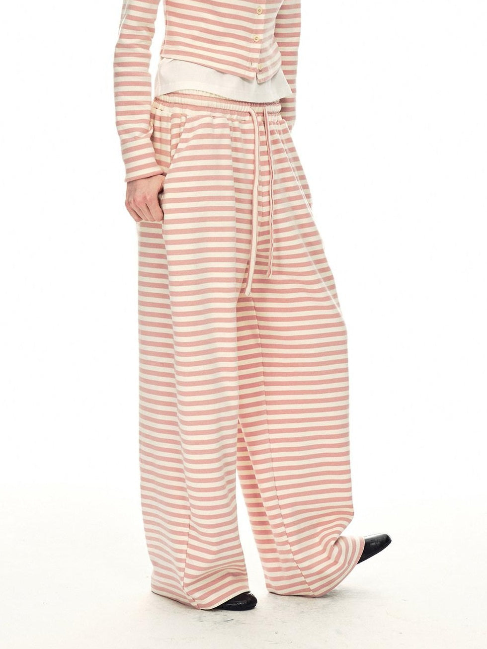 Country Moment Breathable Cotton Slim Fit Piped Pink Striped Casual Top & Pants Sets