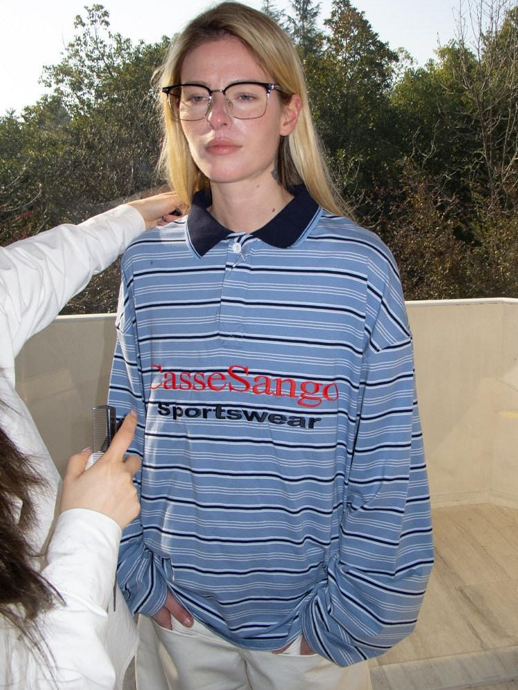 CasseSango Embroidered Cotton Loose Fit Striped Unisex Casual Blue Long Sleeve T-Shirts