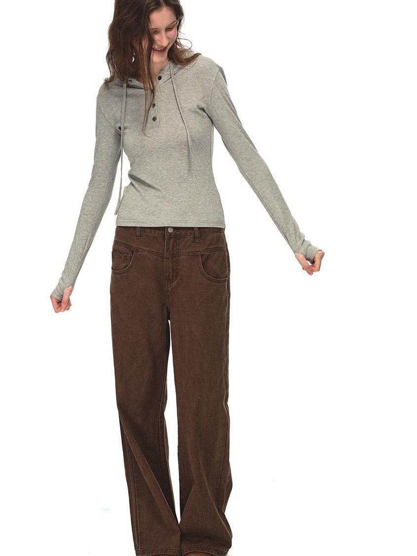 Country Moment Breathable Viscose Blend Hooded Henley Slim Casual Women Long Sleeve T-Shirts