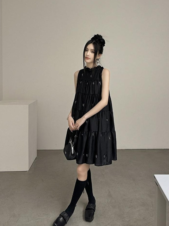 DDGIRL studio Chic Office Sleeveless Crew Neck Pullover Black Polyester One Size Midi Dresses
