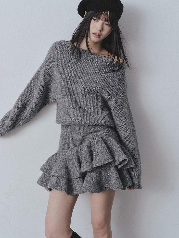 DDGIRL studio Cozy Knit Warm Girly Ruffle Bardot Neckline High Waist Grey Top & Skirt Sets