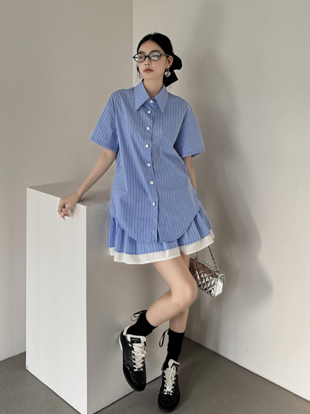 DDGIRL studio Breathable Relaxed Polo Short Sleeve Women Striped Blue Top & Skirt Sets