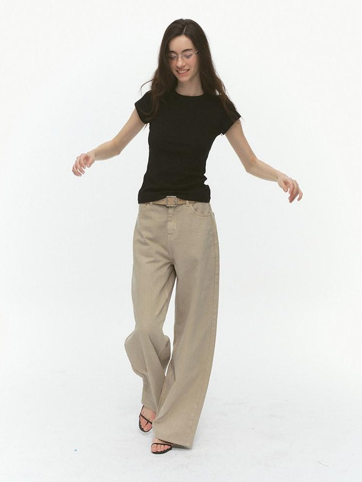 Country Moment Durable Washed Khaki Loose Natural Waist Casual Denim Wide Leg Jeans