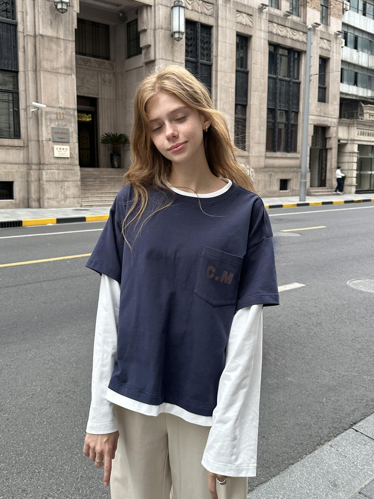 Country Moment Washed Pure Cotton Loose Colorblock Crewneck Teen Logo Navy Long Sleeve T-Shirts
