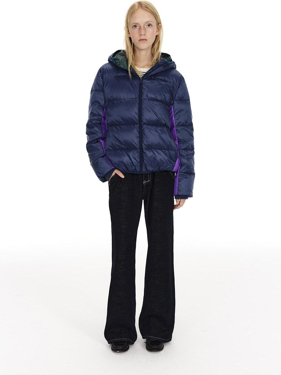 Country Moment 90 Fill White Duck Down Hooded Short Loose Navy Zipper City Commute Down Jackets