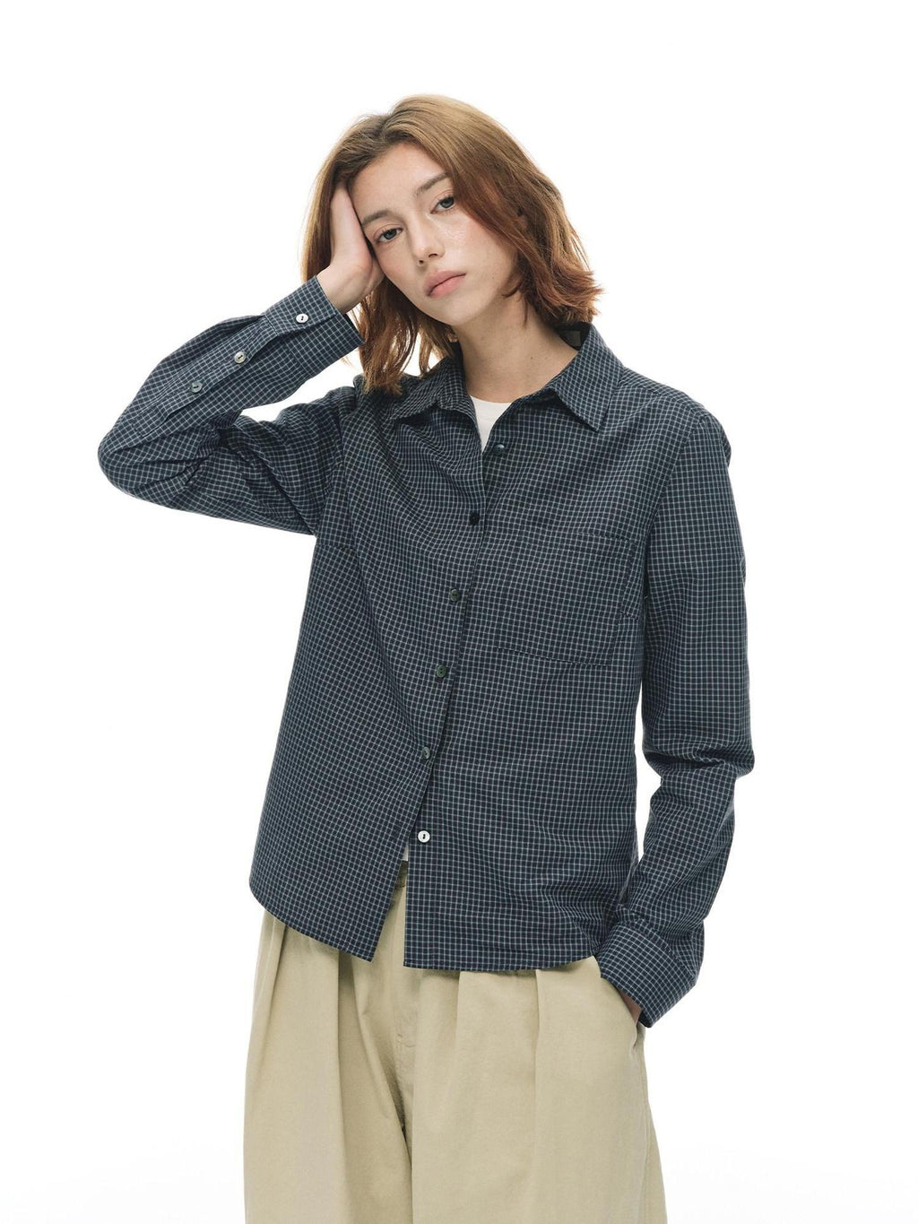 Country Moment Slim Fit Cotton Plaid Button Cropped Long Sleeve Collared Casual Citywalk Blouses