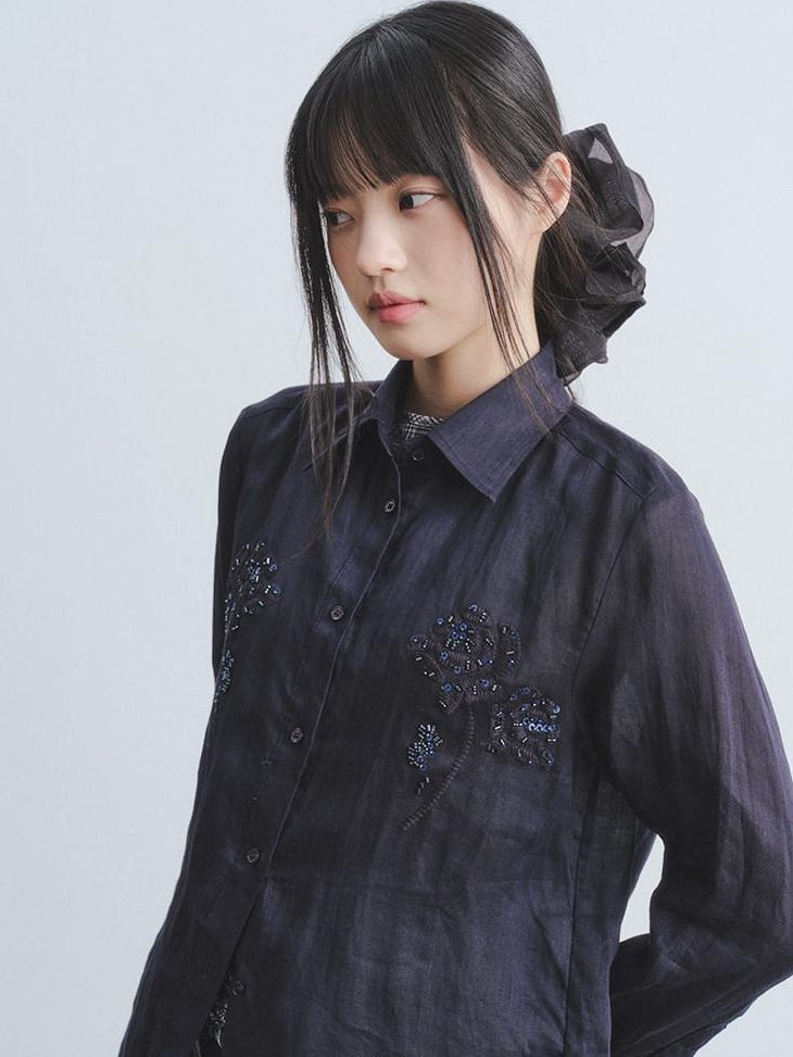 DDGIRL studio Breathable Shape Retaining Ramie Beaded Embroidered Fitted Commuter Women Shirts