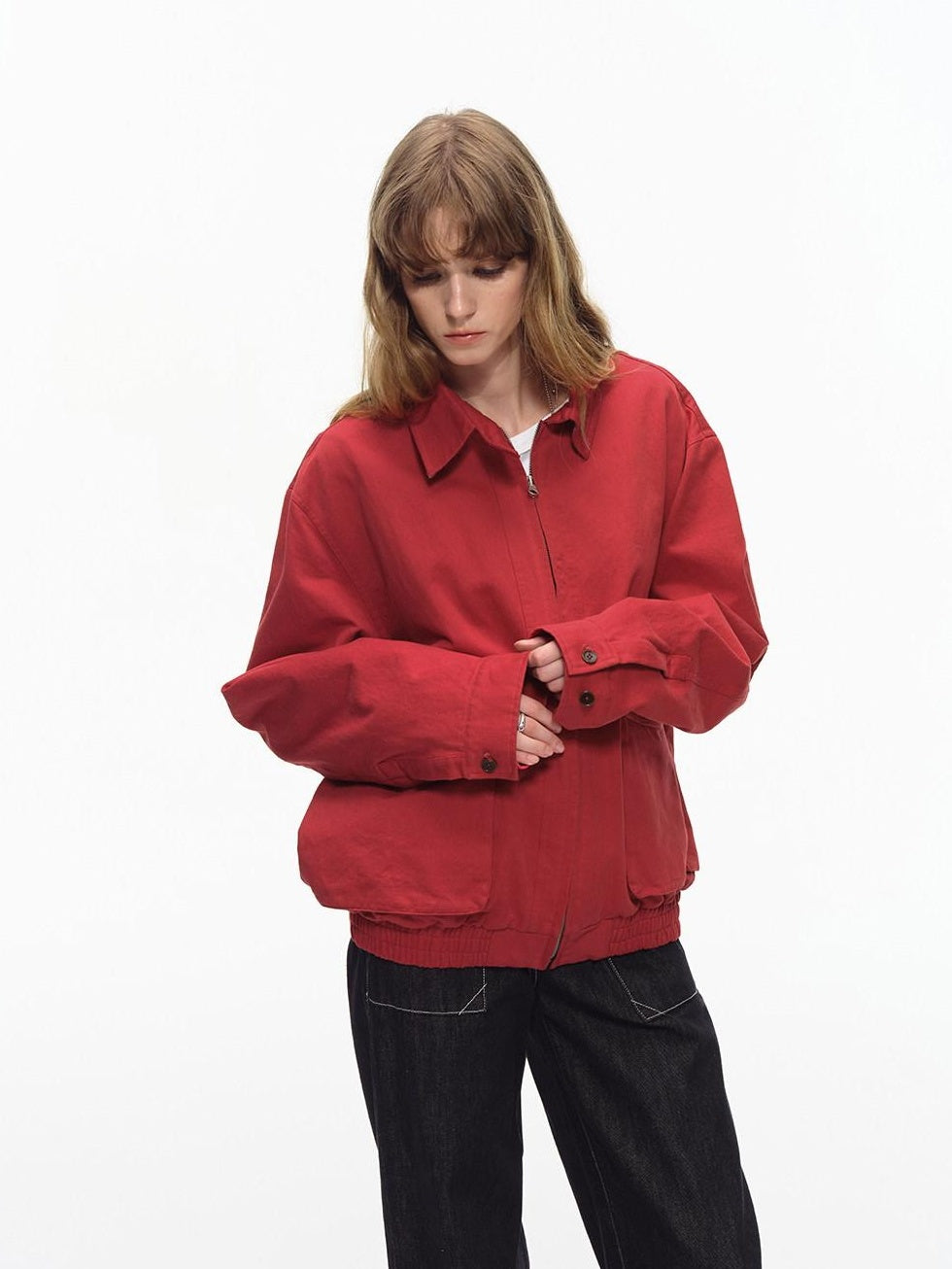 Country Moment Warm Pure Cotton Relaxed Fit Zip Front Rib Hem Unisex Chili Red Cropped Jackets