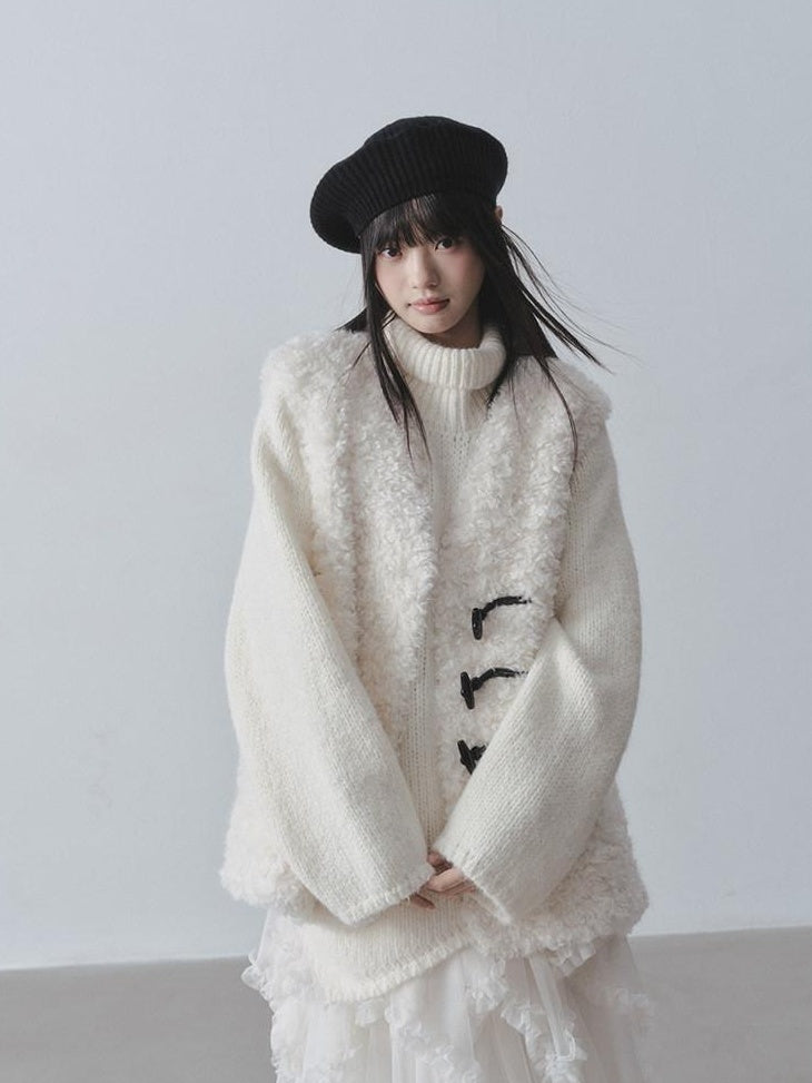 DDGIRL studio Wrinkle Free Thick Loose V-neck Commuter Polyester White Toggle Buttons Vests
