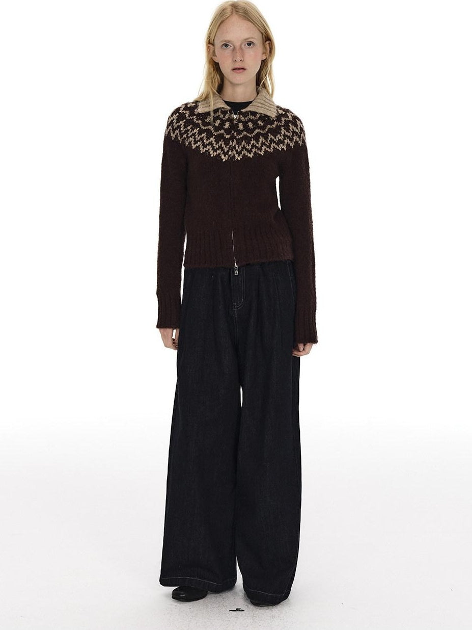 Country Moment Soft Wool Blend Thermal Slim Jacquard Zip Front Unisex Brown Cardigans