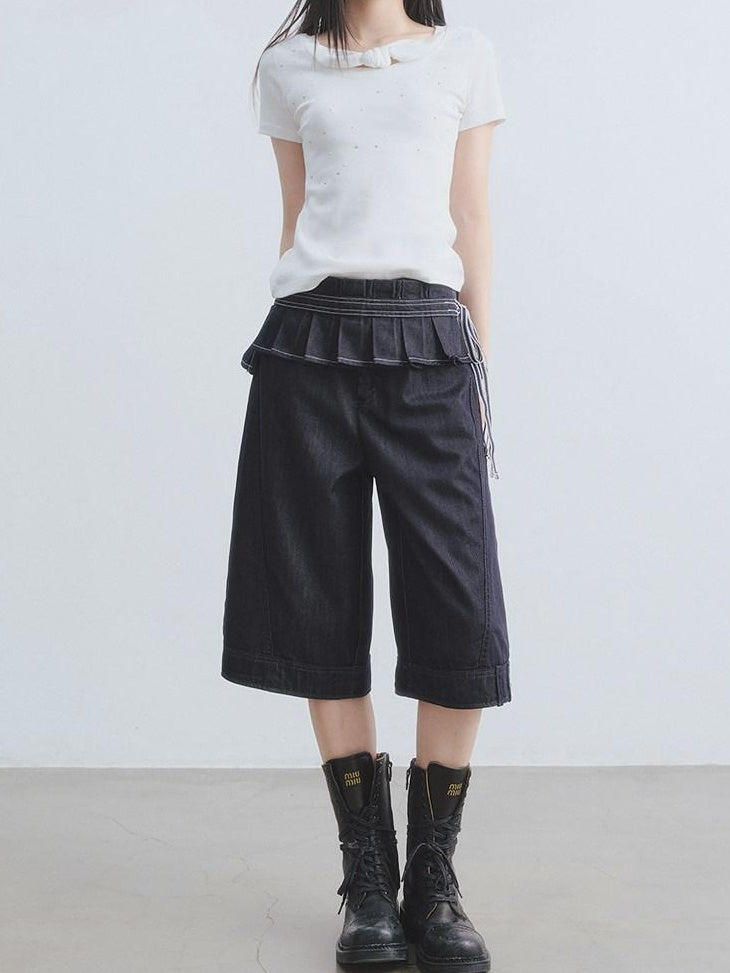 DDGIRL studio Washed High Waisted Pleated Soft Non Stretch Navy Solid Durable Wide Leg Jeans