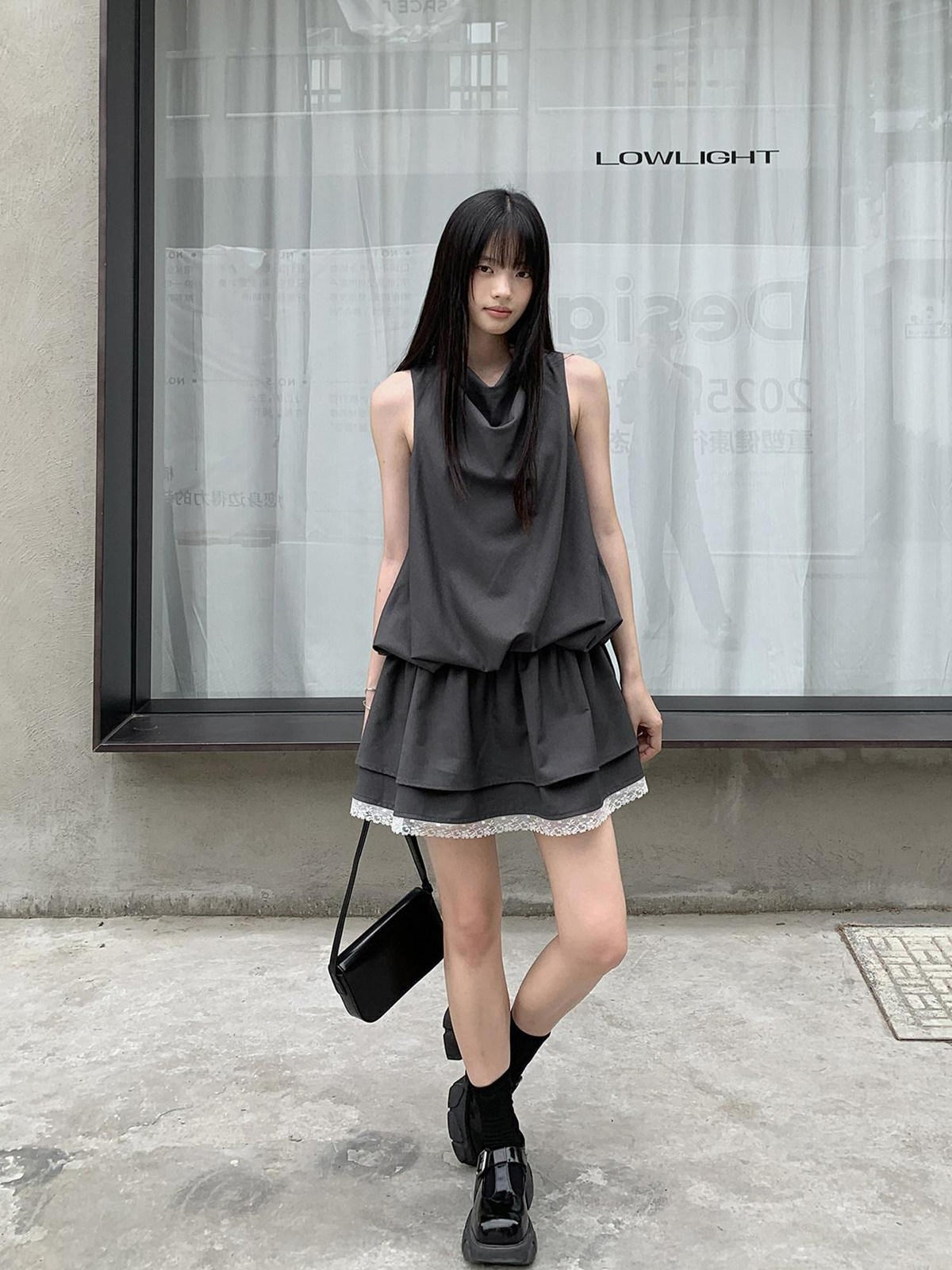 DDGIRL studio Lace Panel High Waist A Line Sleeveless Commuter Young Women Mini Dresses