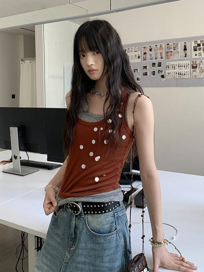 DDGIRL studio Stretch Cotton Knit Slim Camisole U Neck Sequin Women Office Top & Pants Sets