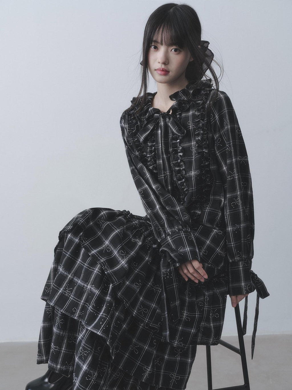 DDGIRL studio Wrinkle Free Black Plaid Collared Bow High Waist Loose Women Office Top & Skirt Sets