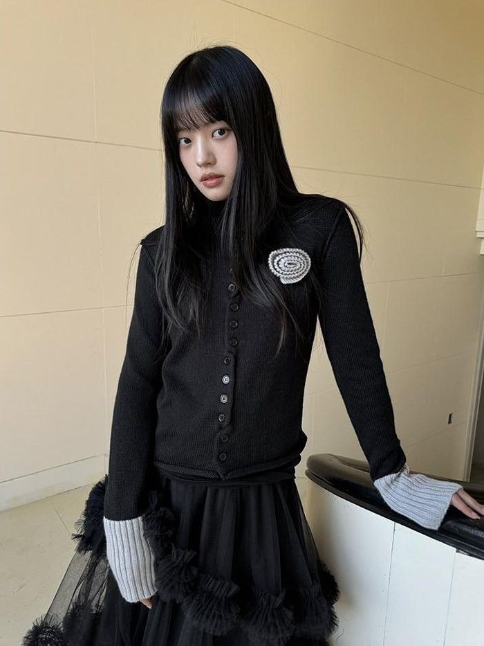 DDGIRL studio Warming Pure Cotton Office Straight Floral Round Neck Black Cardigans