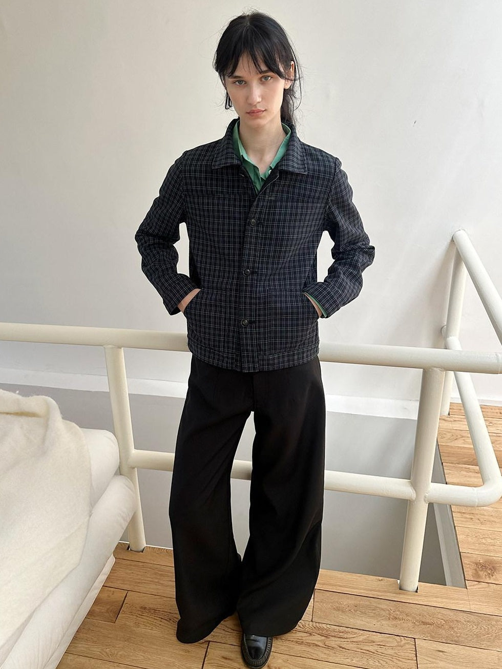 Country Moment Reversible Warm Edgy Slim Plaid Lapel Unisex Black Polyester Cropped Jackets