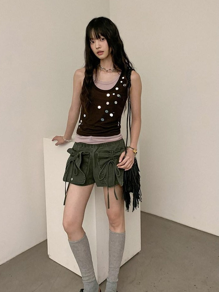 DDGIRL studio High Waist Faded 96 Percent Cotton Wide Leg Loose Fit Army Green Denim Shorts