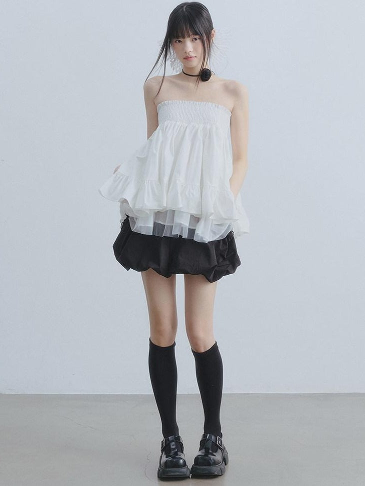 DDGIRL studio Lined Shape Retaining High Waist Pleated Lace Puff Loose Fit Women Mini Skirts