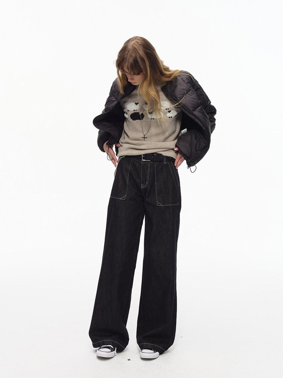 Country Moment Soft Breathable Cotton Loose American Natural Waist Black Straight Leg Jeans