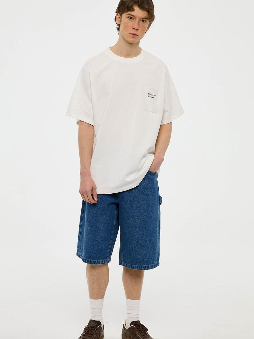 Country Moment Cotton Denim Mid High Waist Loose Straight Casual Zip Fly Mid-Length Shorts