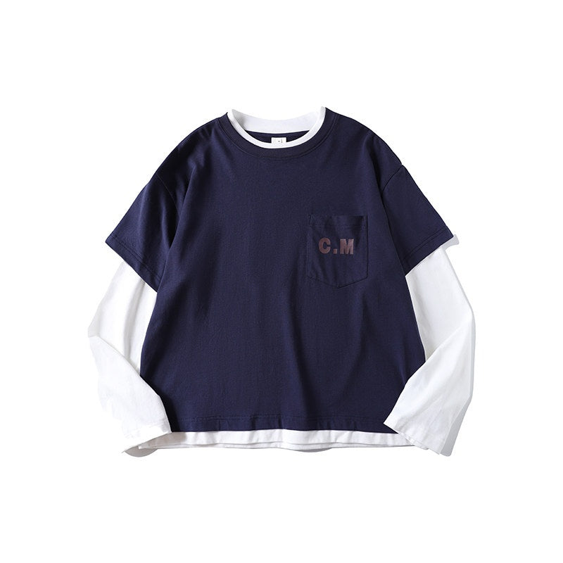 Country_Moment_Washed_Pure_Cotton_Loose_Colorblock_Crewneck_Teen_Logo_Navy_Long_Sleeve_T-Shirts_MISSTT