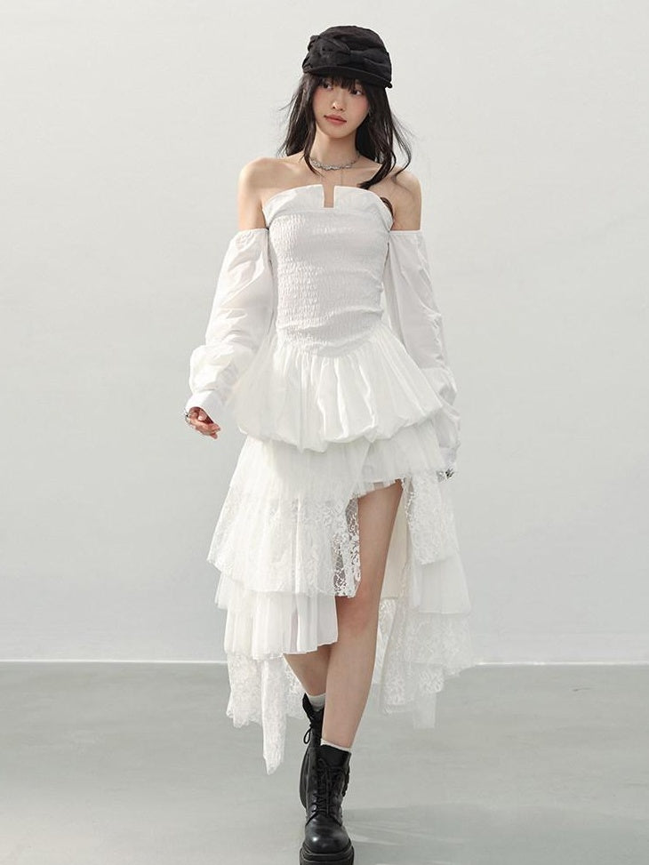DDGIRL studio Lined Lace Asymmetrical High Waist Front Slit Tiered White Women Midi Skirts