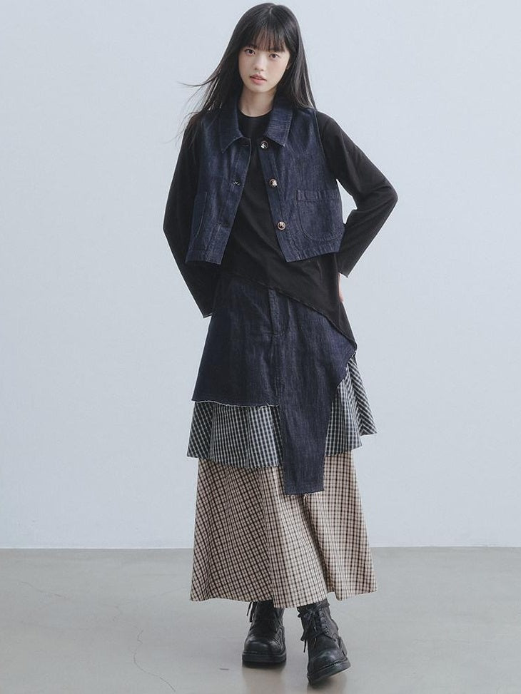 DDGIRL studio Asymmetric Plaid Leather Lapel Vest High Waist Skirt Women Top & Skirt Sets
