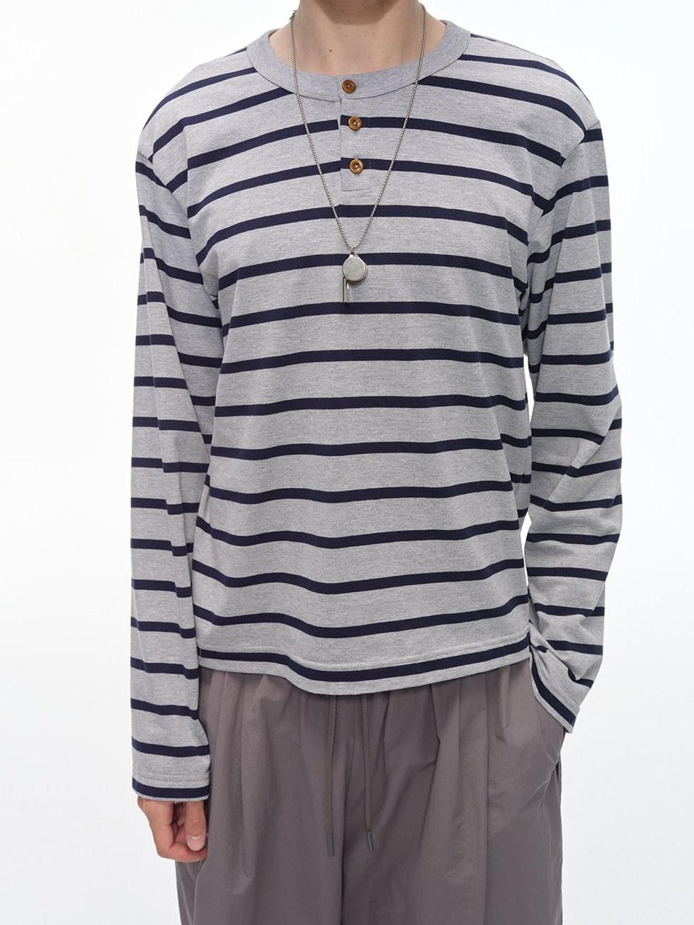Country Moment Breathable Cotton Loose Fit Henley Striped Unisex Long Sleeve T-Shirts