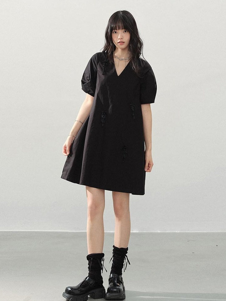 DDGIRL studio Beaded Soft Cotton A Line Puff Sleeve V-neck Back Zipper Black Mini Dresses