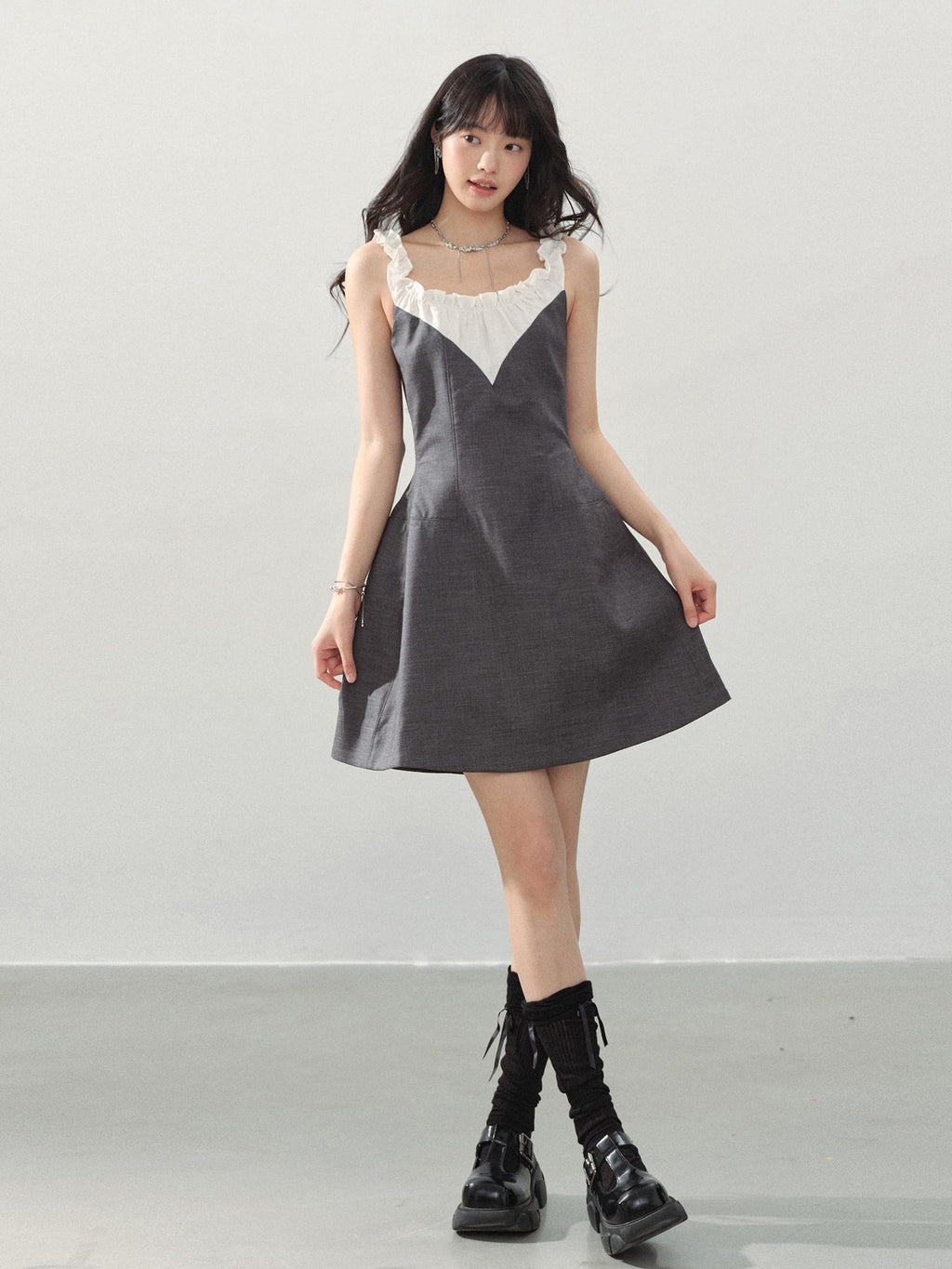 DDGIRL studio Shape Retaining Ruffle Neck High Waist Strappy A Line Office Gray Mini Dresses