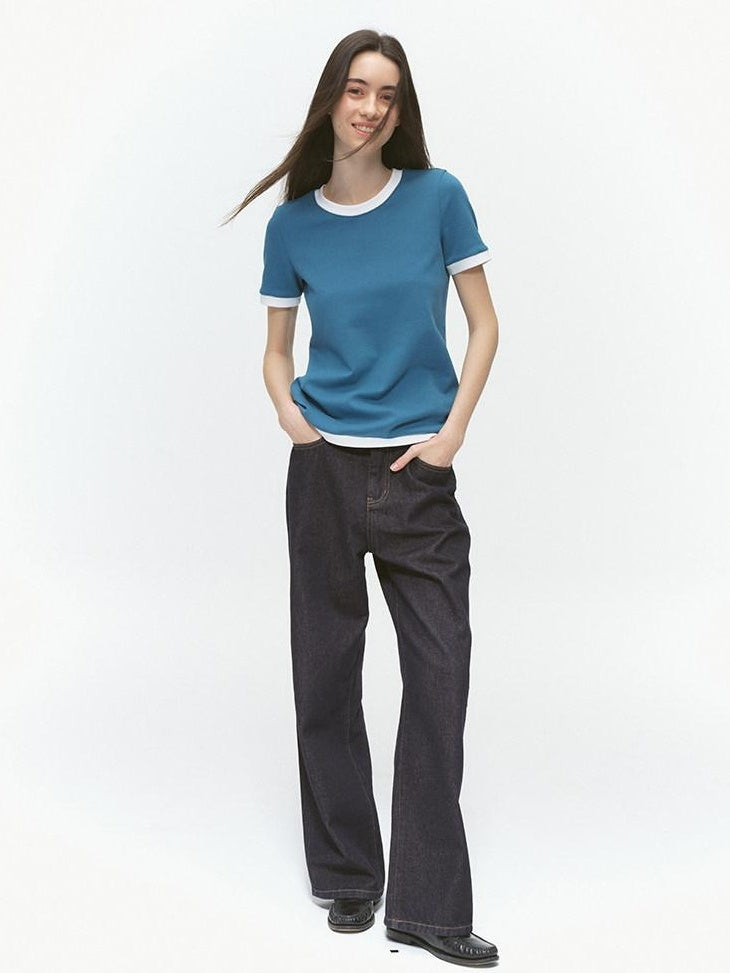Country Moment Durable Washed Five Pocket Mid Rise Loose Straight Raw Denim Wide Leg Jeans
