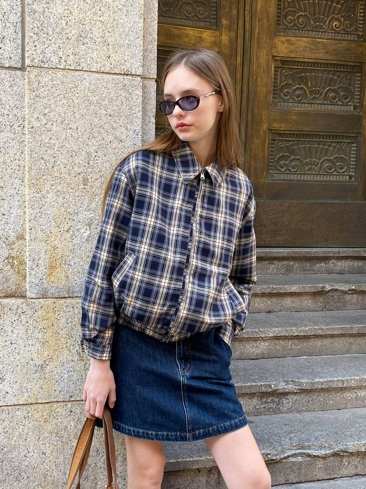 Country Moment Reversible Windproof Loose Fit Khaki Plaid Ribbed Hem Unisex Cropped Jackets