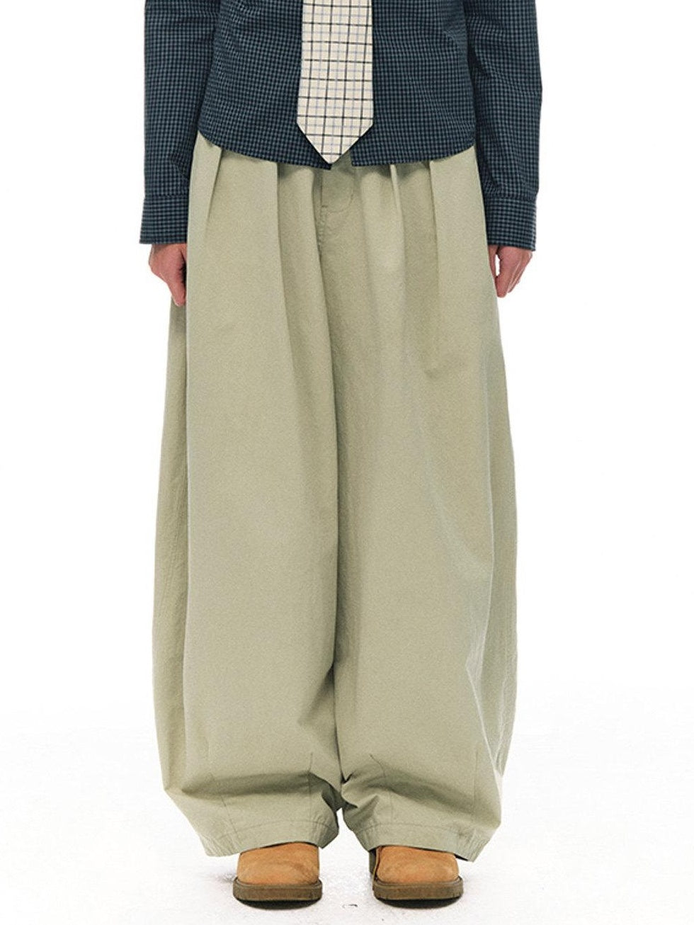 Country Moment Soft Cotton Khaki Pleated Zipper Mid Waist Balloon Casual Wide Leg Pants