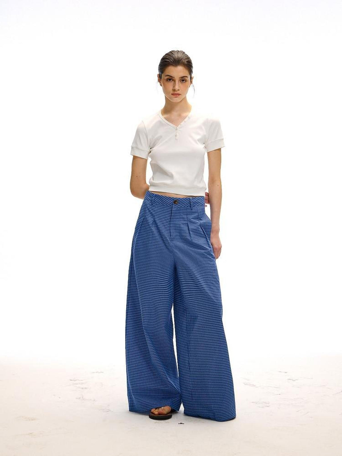 Country Moment 100 Percent Cotton Vintage Natural Waist Pockets Gem Blue Plaid Wide Leg Pants