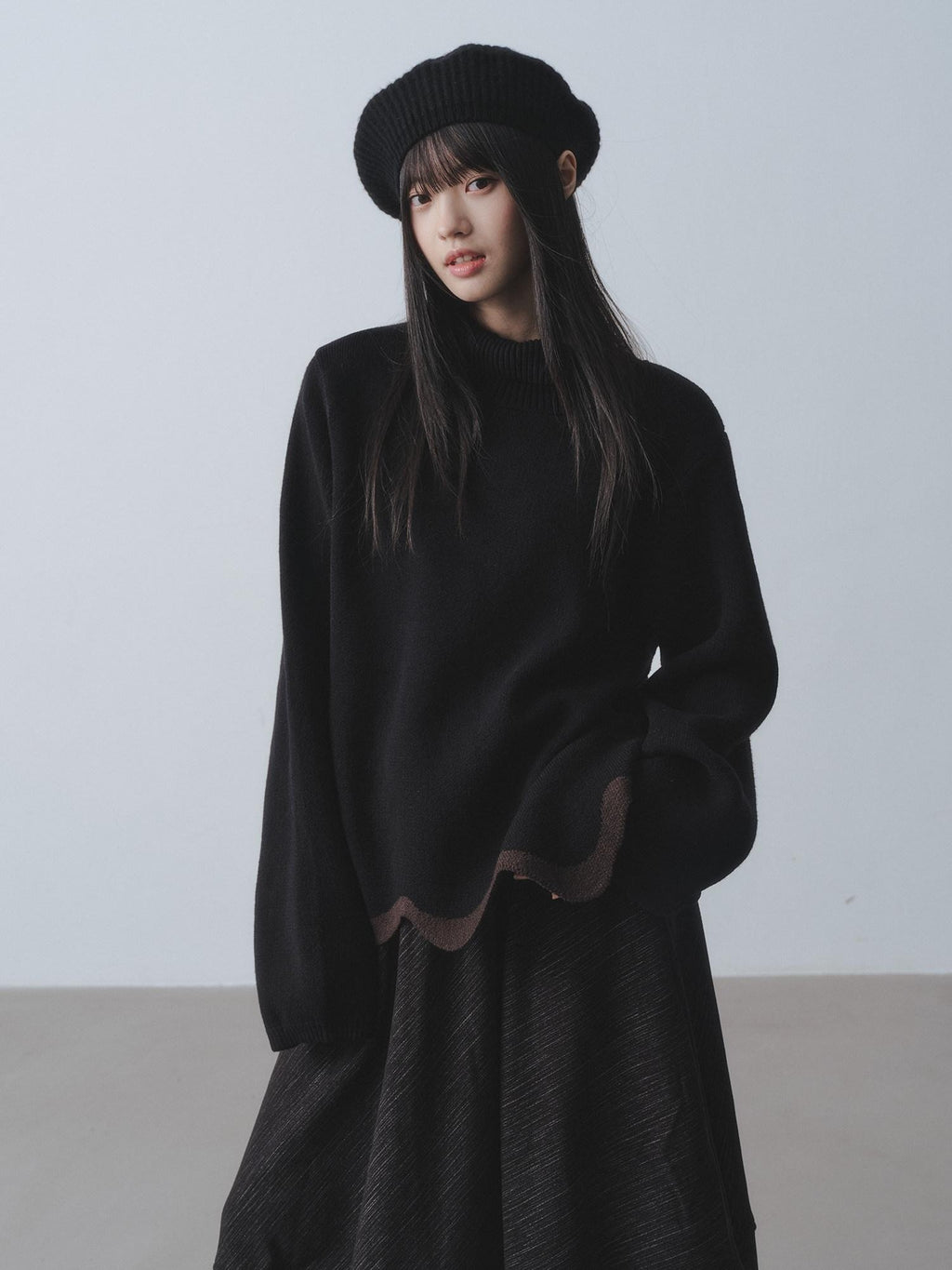 DDGIRL studio Warm Chunky Wave Pullover Oversized Commuter Mock Neck Women Black Sweaters