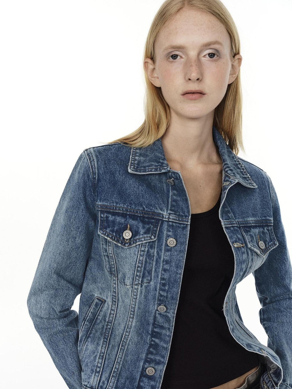 Country Moment Durable Gradient Washed Button Detail Vintage Slim Cropped Unisex Denim Jackets