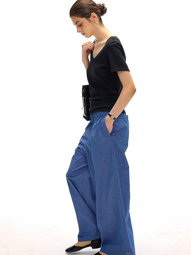 Country Moment 100 Percent Cotton Vintage Natural Waist Pockets Gem Blue Plaid Wide Leg Pants
