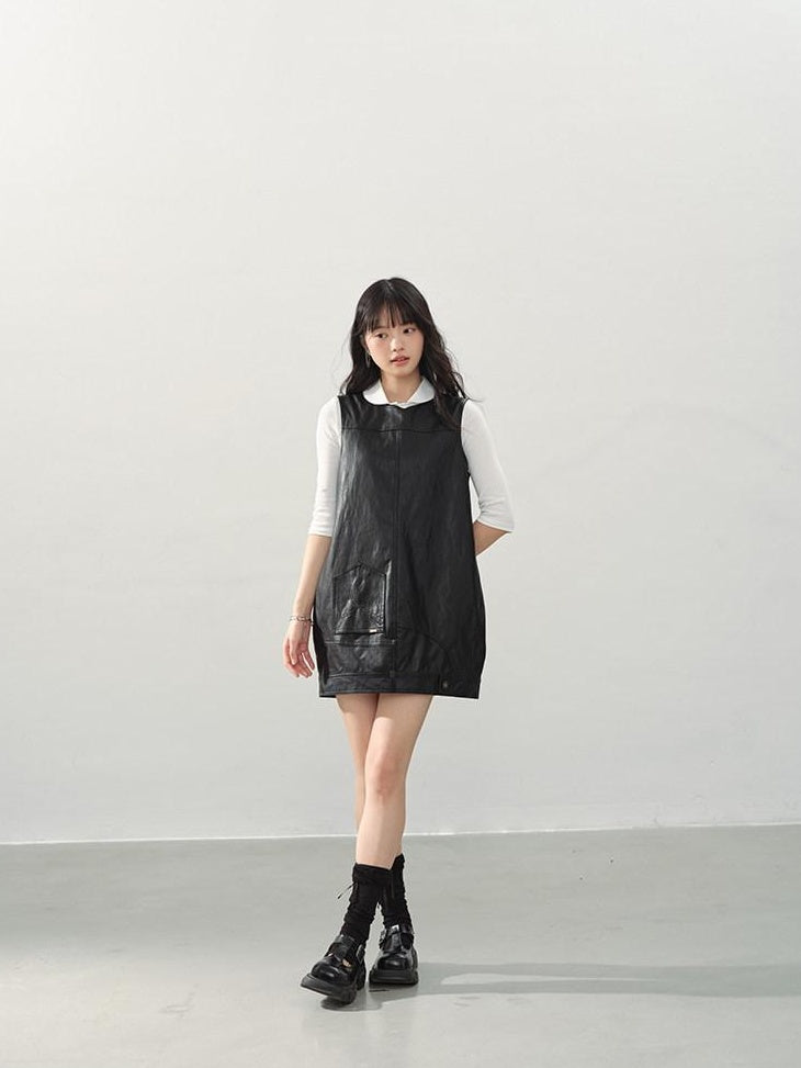 DDGIRL studio Soft Vintage Pu A Line Sleeveless Round Neck Loose Fit Black City Mini Dresses