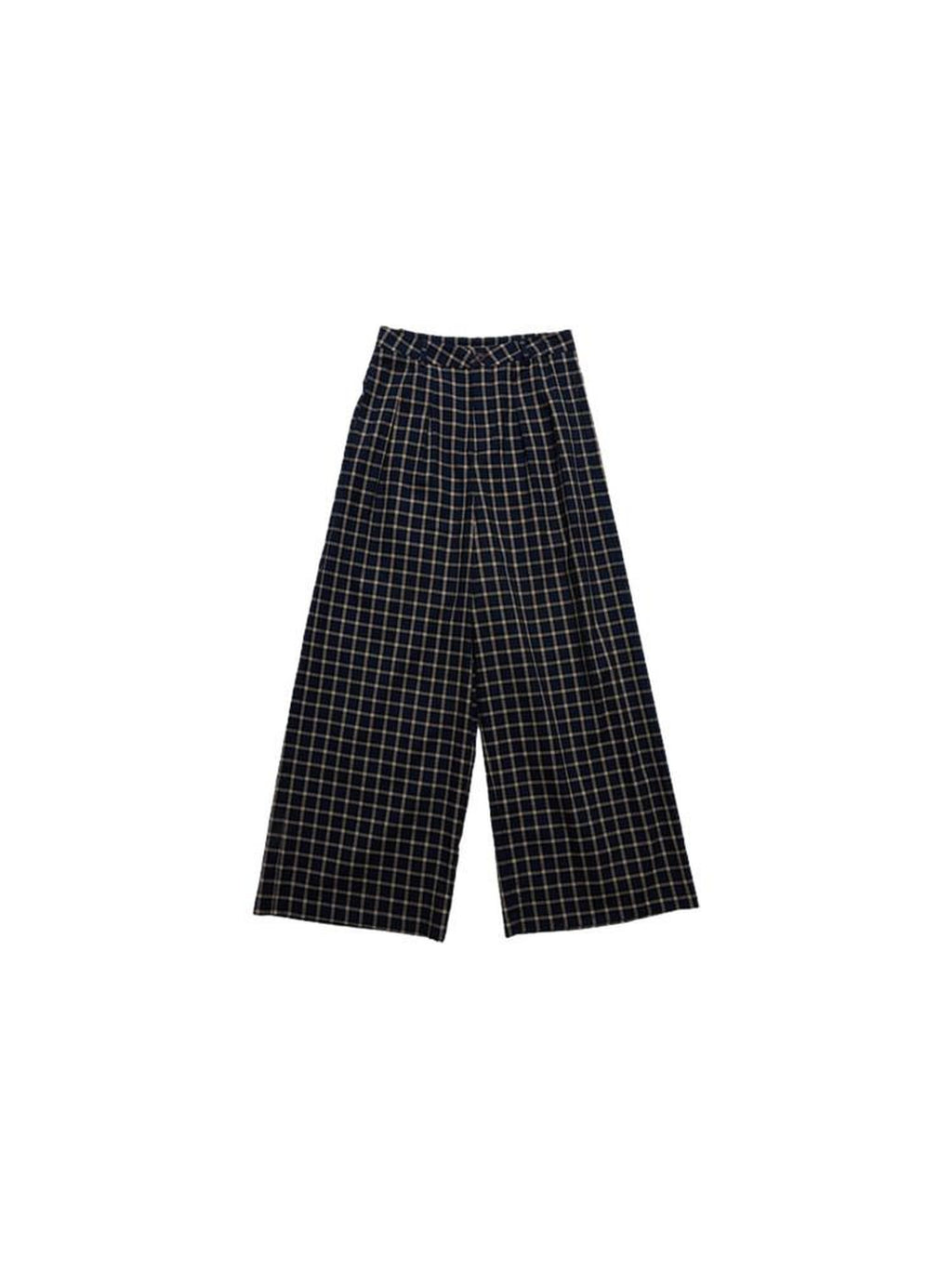 Country Moment Versatile Minimal Indigo Check Cotton Natural Waist Straight Wide Leg Pants