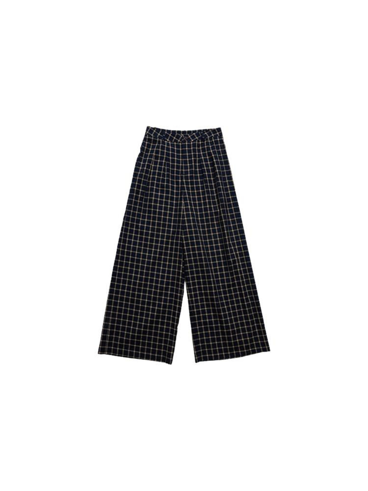 Country Moment Versatile Minimal Indigo Check Cotton Natural Waist Straight Wide Leg Pants