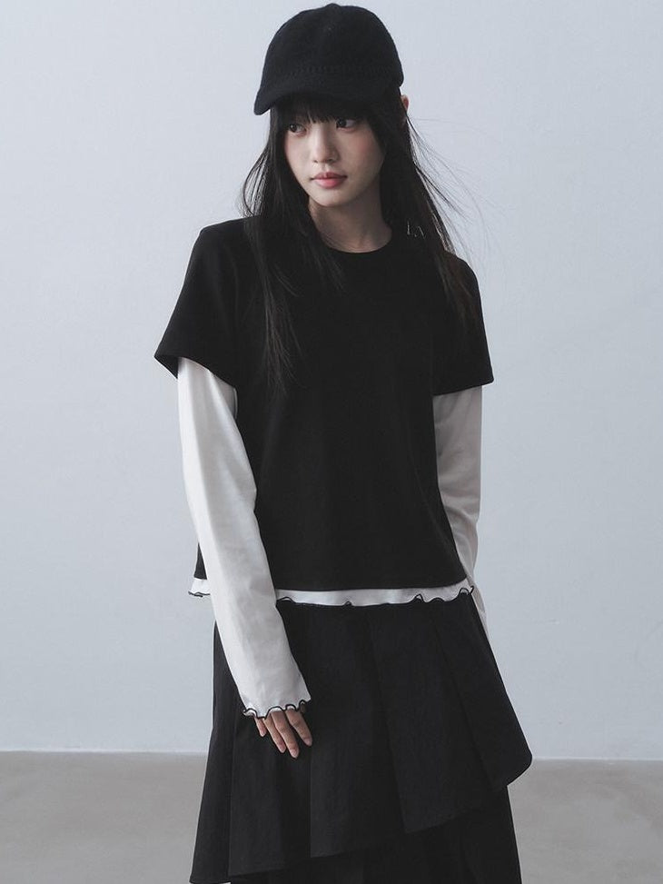 DDGIRL studio Breathable Cotton Spandex Loose Office Contrast Lace Women Long Sleeve T-Shirts