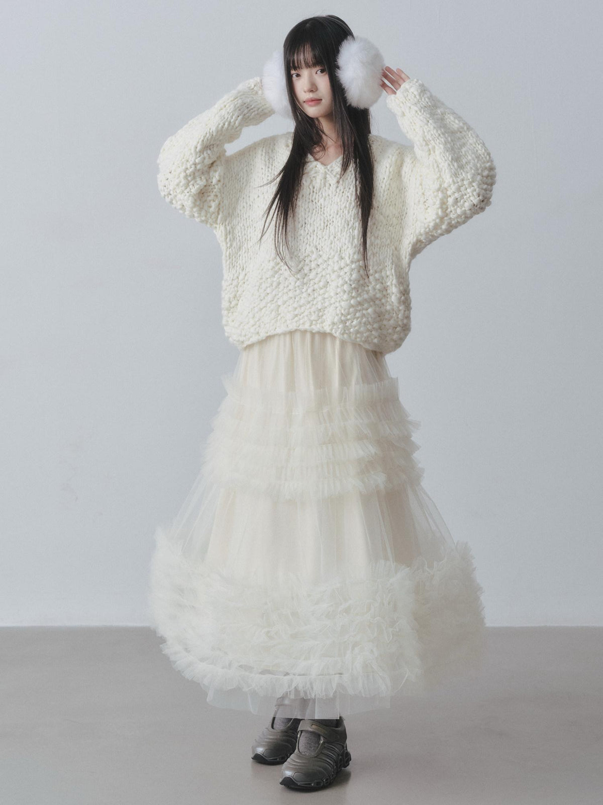 DDGIRL studio Cozy Soft Crochet V-neck Relaxed Oversized Women Campus Acrylic Wool Sweaters