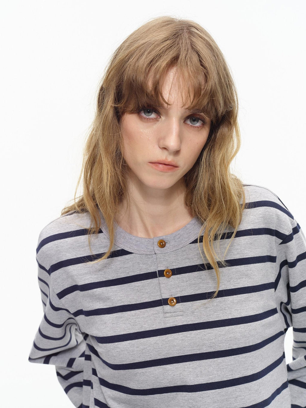 Country Moment Breathable Cotton Loose Fit Henley Striped Unisex Long Sleeve T-Shirts