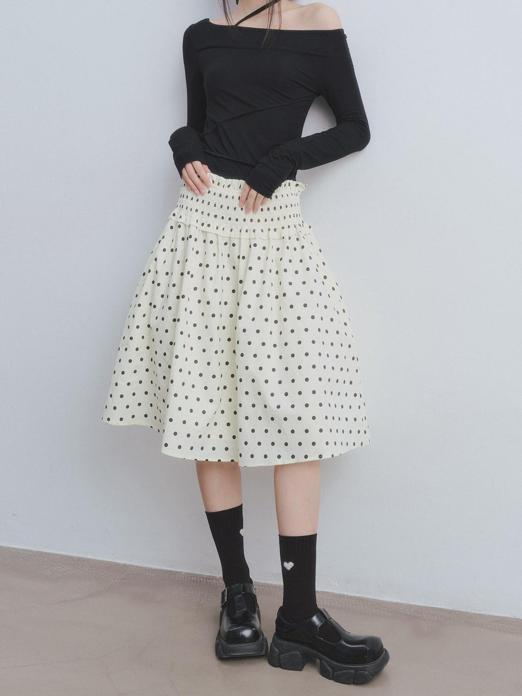 DDGIRL studio Durable Lined Pleated Aline Elastic Waist Women Cotton Beige Midi Skirts