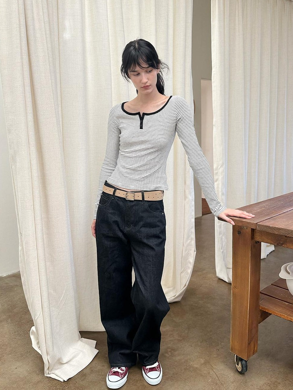 Country Moment Breathable Cotton Slim Fit Retro Striped Henley Women Long Sleeve T-Shirts