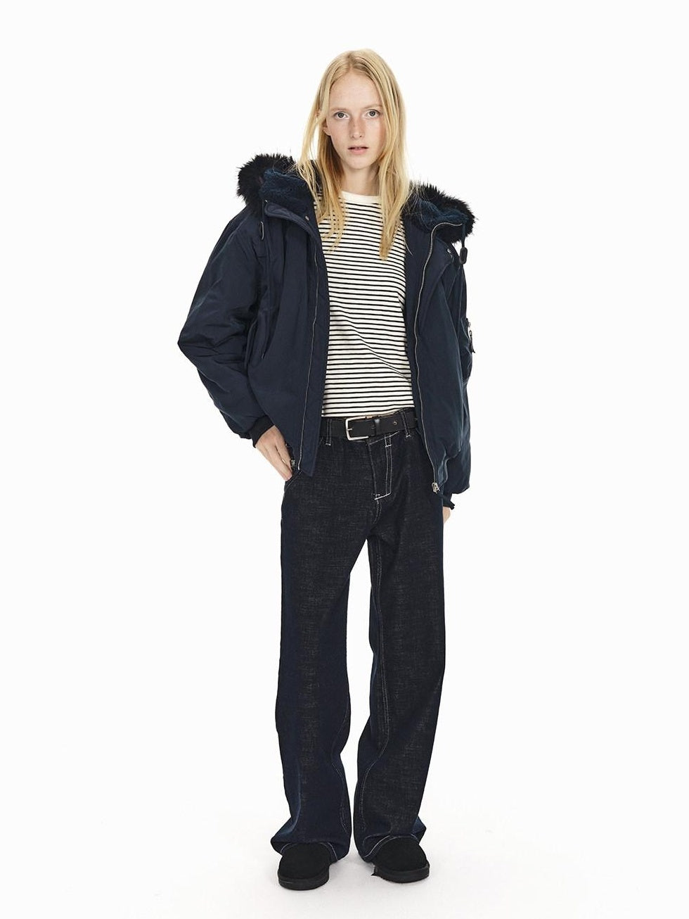 Country Moment Warm Hooded Retro Short Zip Ribbed Hem Unisex Navy Puffer Jackets