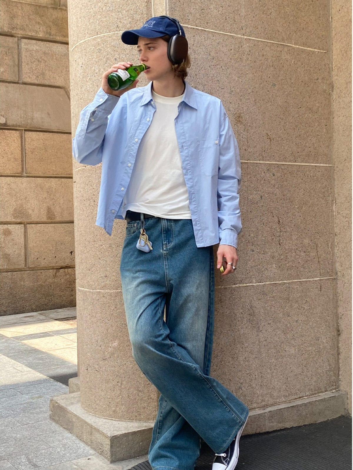 Country Moment Breathable Cotton Retro Washed Mid Rise Relaxed Mens Deep Blue Wide Leg Jeans