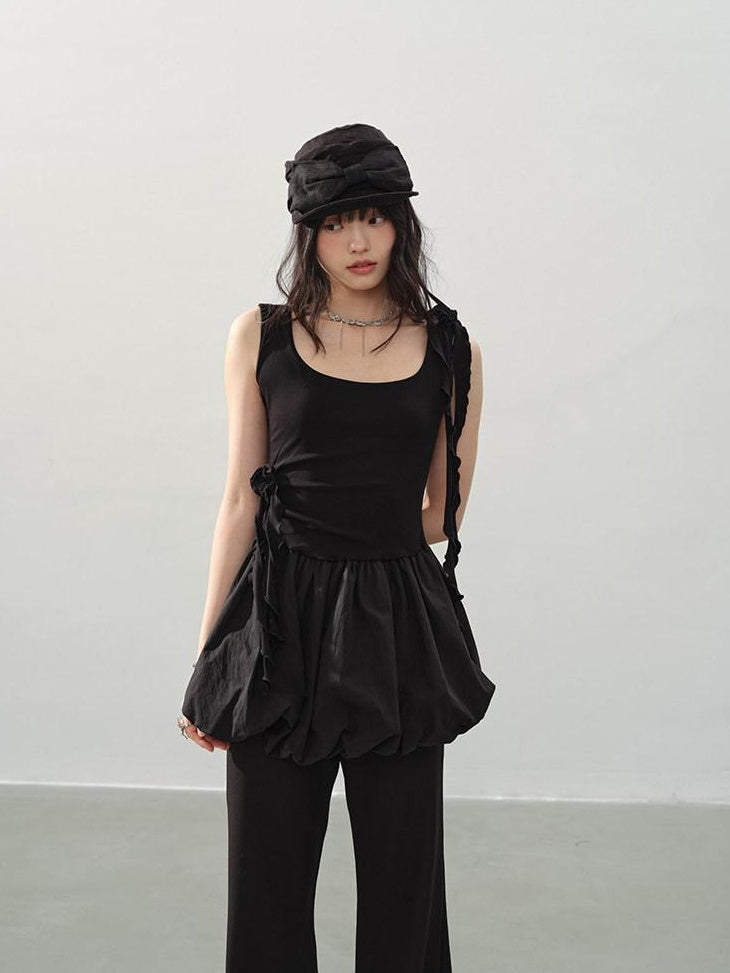 DDGIRL studio Soft Cotton Ruffle Aline Slim Cute Date Sleeveless U Neck Black Mini Dresses